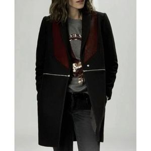 Maje Galbe Wool Coat Calf Hair Lapel Cashmere Blend Jacket BLUE